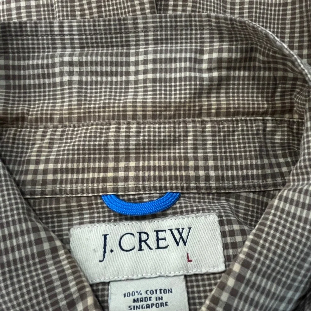 J. Crew Mens Button Down Shirt L Brown Plaid Cotton Short Sleeve Office Casual